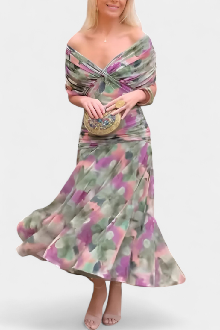 Women's Off Shoulder Draped Twisted Neckline Flowy Maxi Dress Formal Wedding Guest