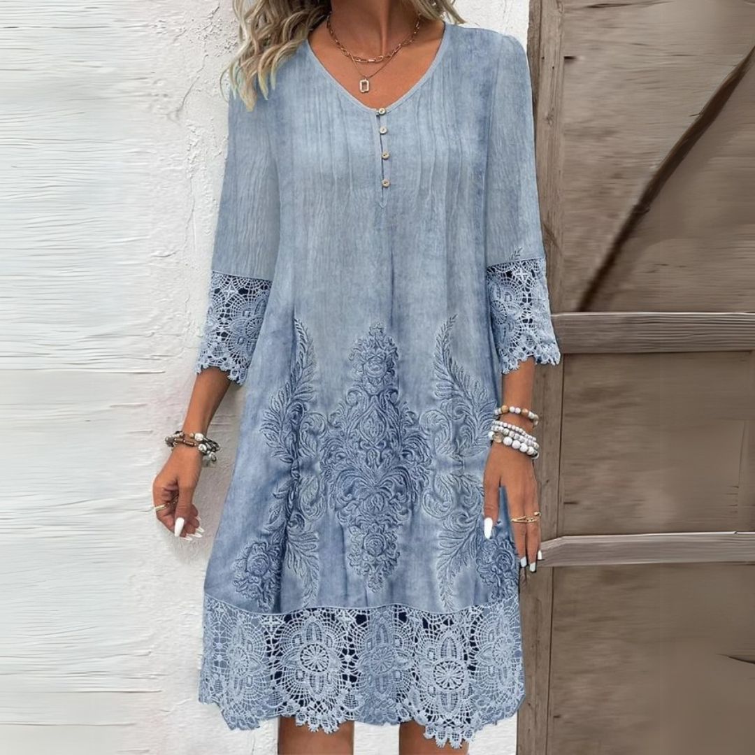 Women's Blue Floral Embroidered Midi Dress | Botanical Print Casual & Evening Dress