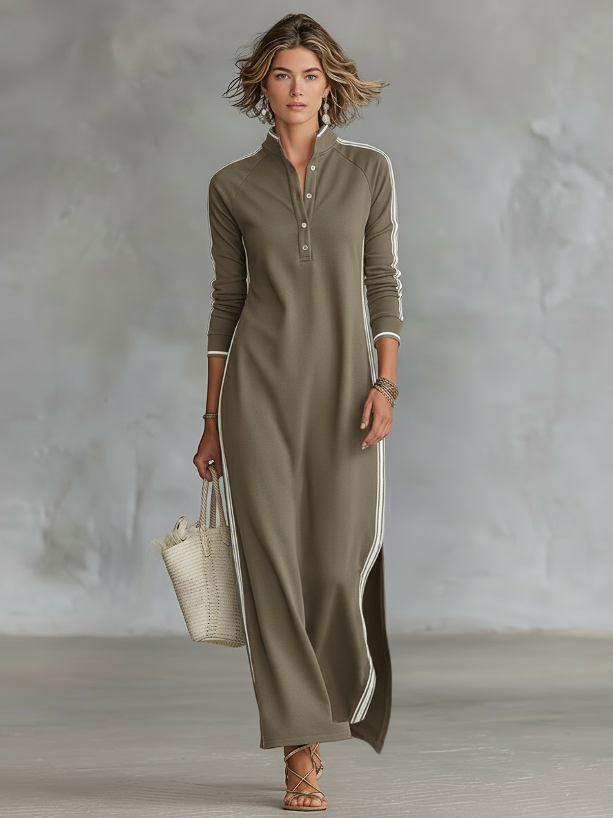 Women's Black Sweatshirt Maxi Dress | Button-Down Collar White Trim Casual Minimalist Dress