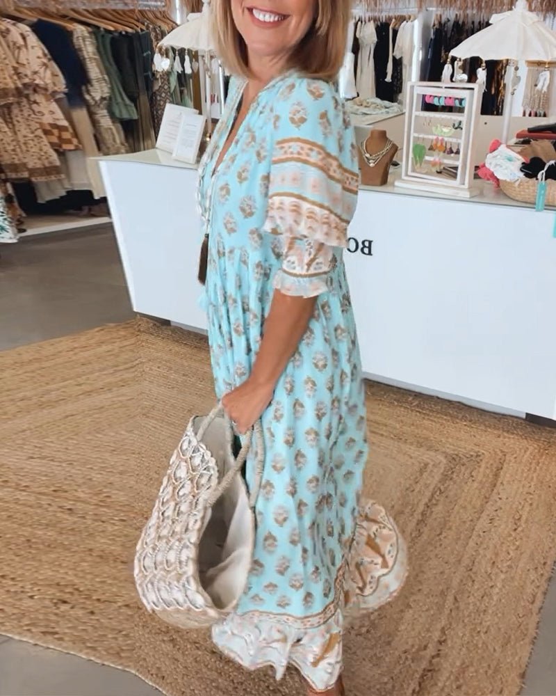 Women's Printed V-Neck Flutter Sleeve Tassel Waist Flowy Maxi Dress Boho Resort