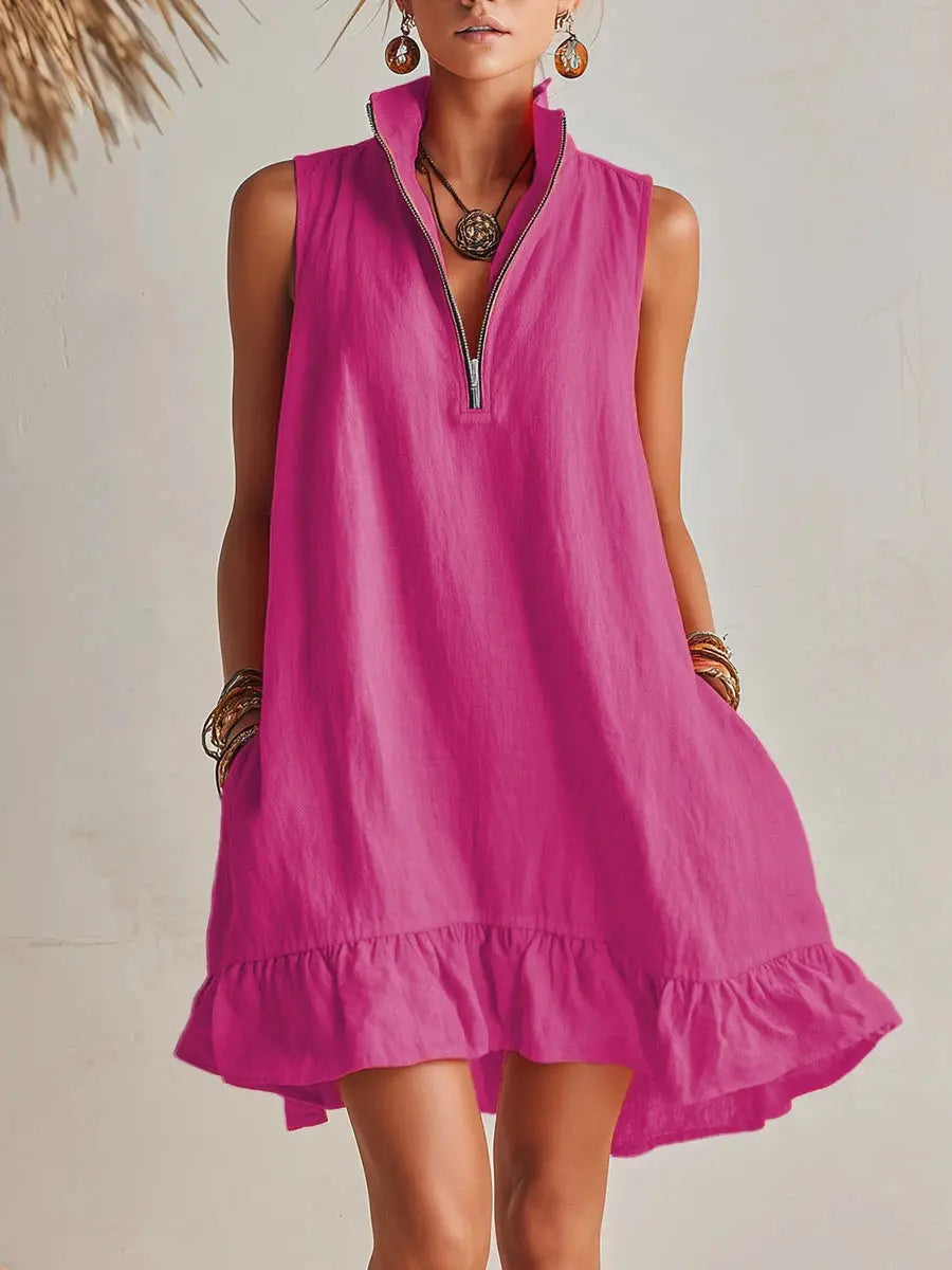 Women's Orange Cotton Mini Dress with Pockets | Stand Collar Half-Zip