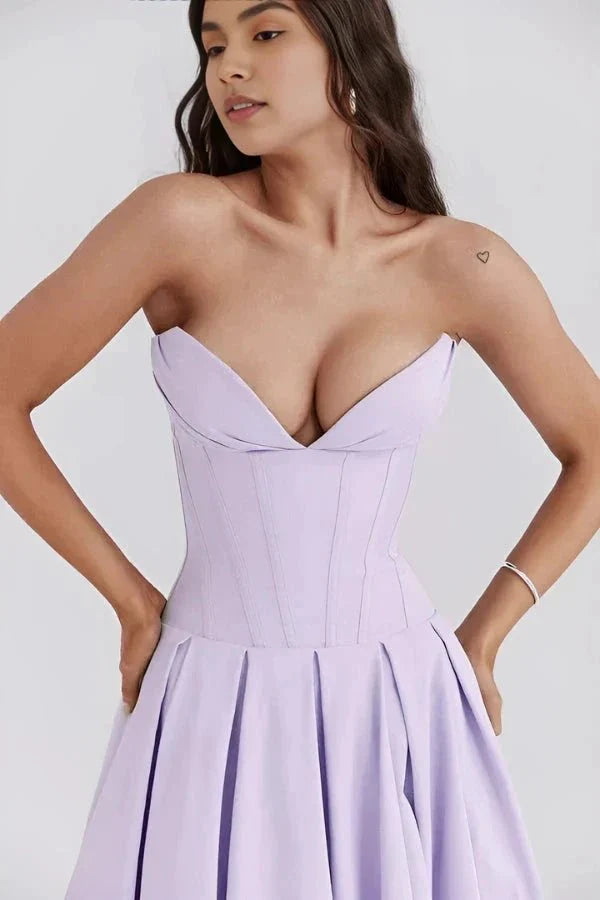 Women's Deep V-Neck Corset Bodice Full A-Line Midi Dress Cocktail Party Formal