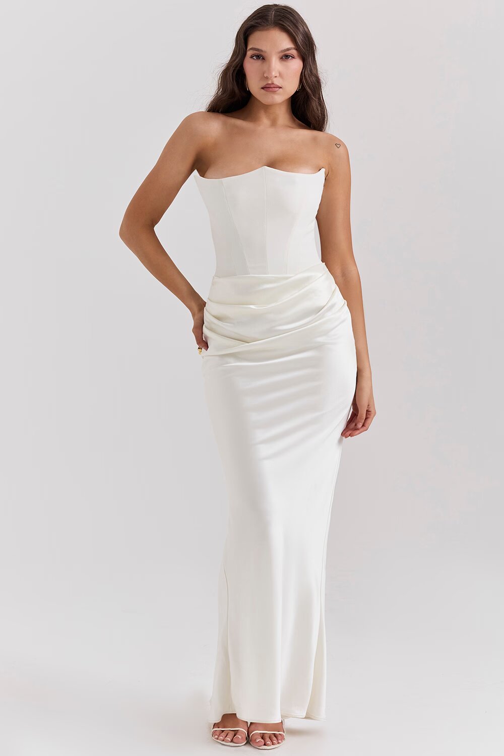 Women's Brown Strapless Ruched Fitted Maxi Evening Dress Wedding Guest