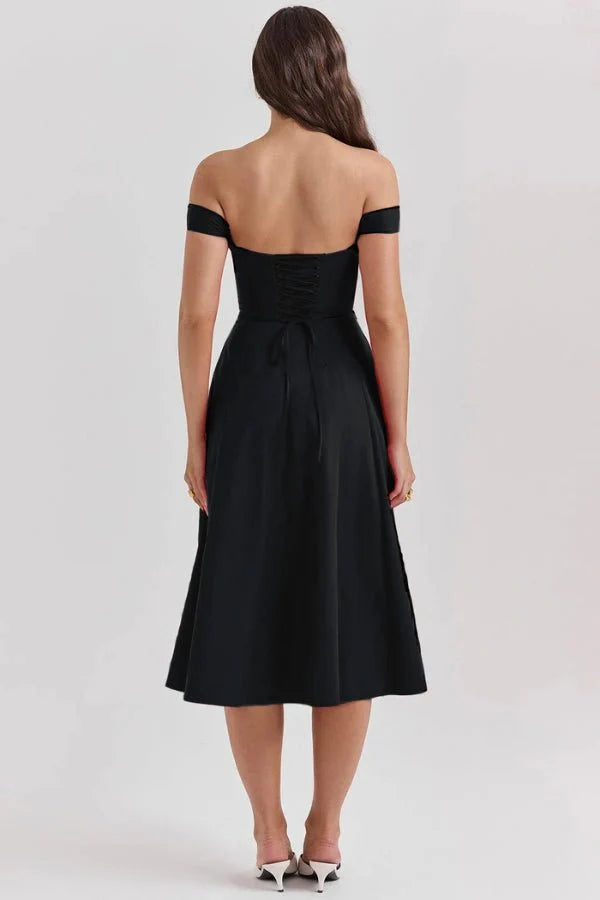 Women's Off Shoulder Sweetheart A-Line Midi Dress with Slit Wedding Guest