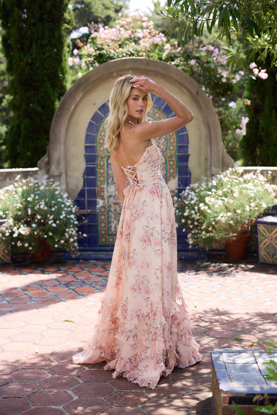 Women's pink floral corset maxi dress - alternate front view
