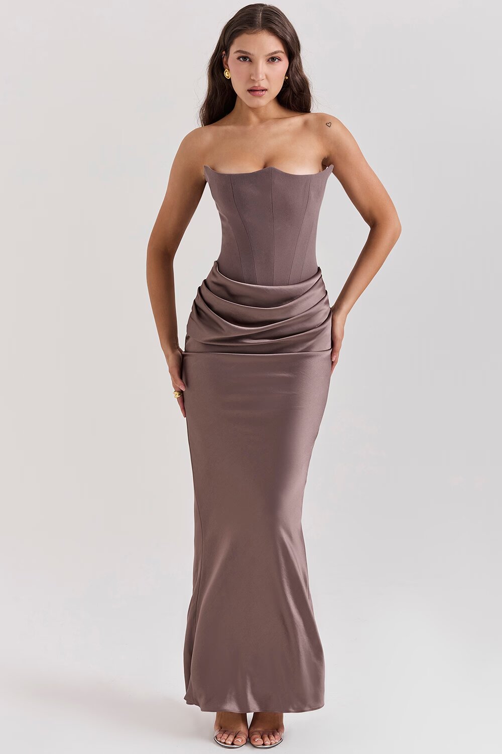 Women's Brown Strapless Ruched Fitted Maxi Evening Dress Wedding Guest