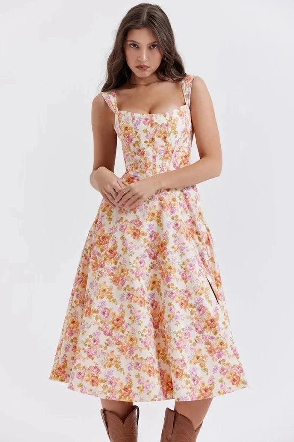 Women's Off Shoulder Sweetheart A-Line Midi Dress with Slit Wedding Guest