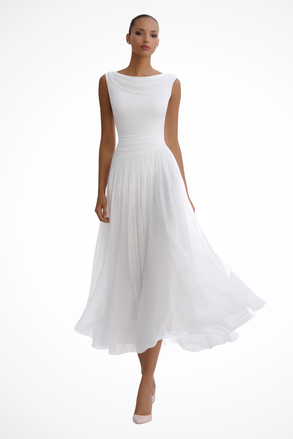 Women's Sleeveless Boat Neck Open Back Pleated Flowy Midi Dress