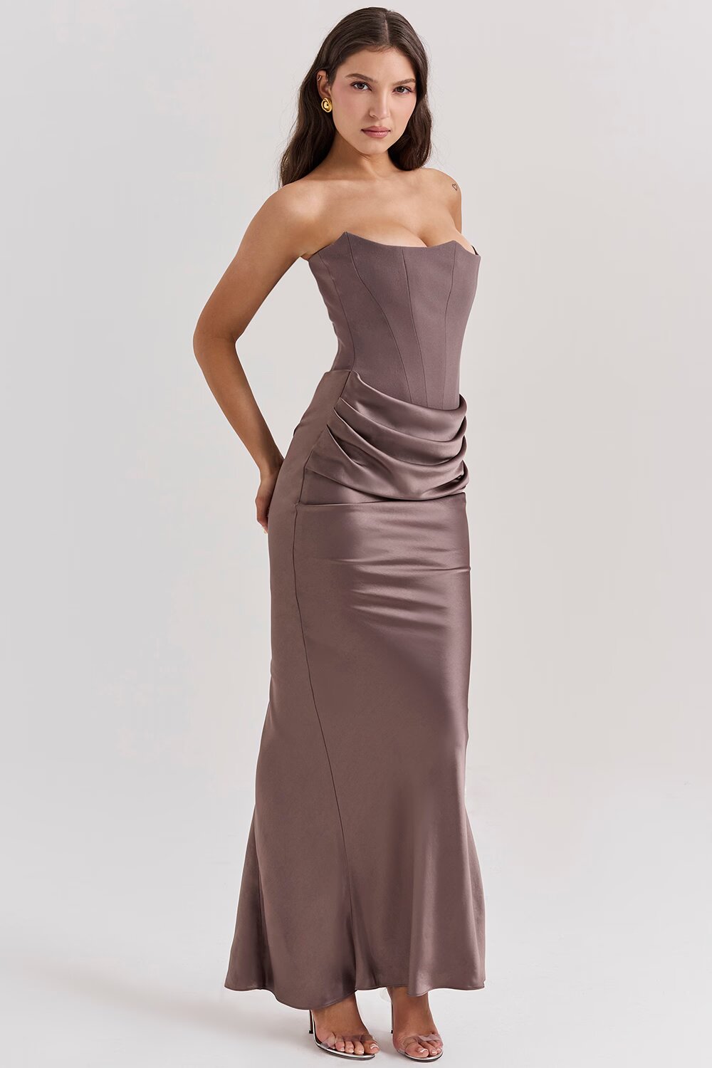 Women's Brown Strapless Ruched Fitted Maxi Evening Dress Wedding Guest