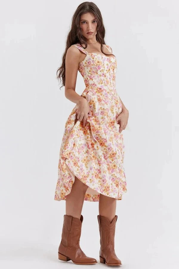 Women's Off Shoulder Sweetheart A-Line Midi Dress with Slit Wedding Guest