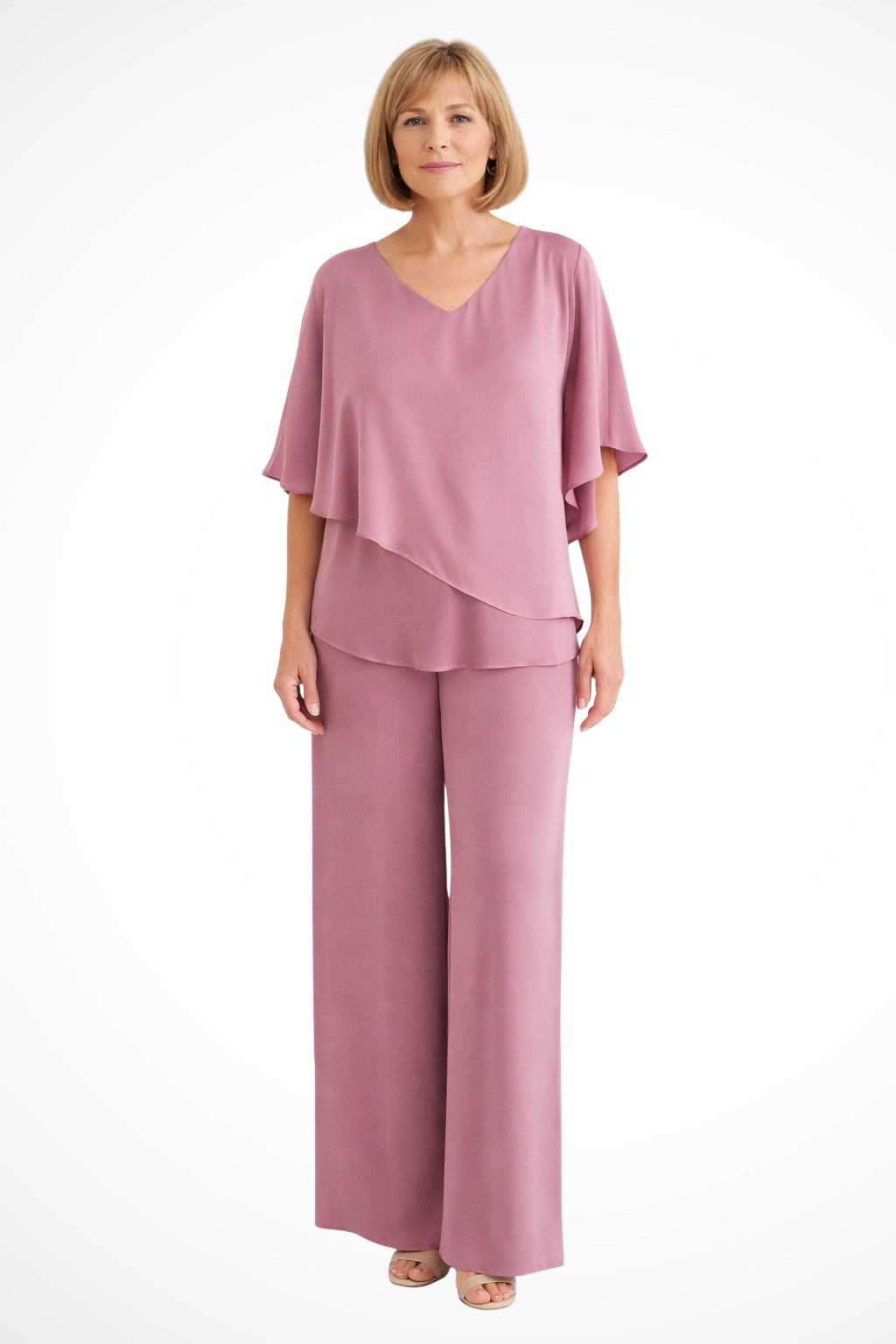 Women's V-Neck Flutter Sleeve Chiffon Top and Wide Leg Pants Two-Piece Set