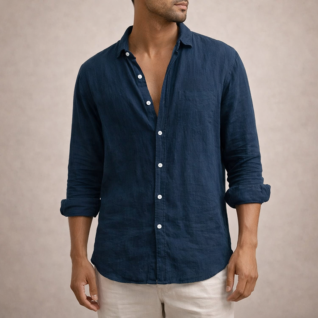 Men's Regular Fit Long Sleeve Linen Shirt | Open Collar Breathable Top