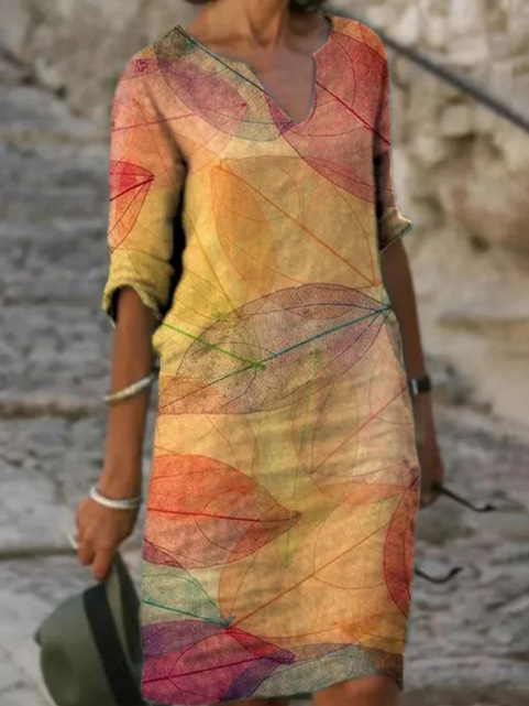 Women's Botanical Leaf Print V-Neck 3/4 Sleeve Relaxed Midi Dress Casual