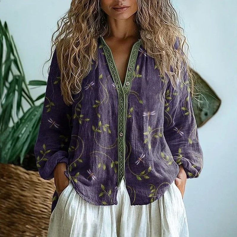 Women's Purple Printed V-Neck Long Sleeve Blouse | Casual Top