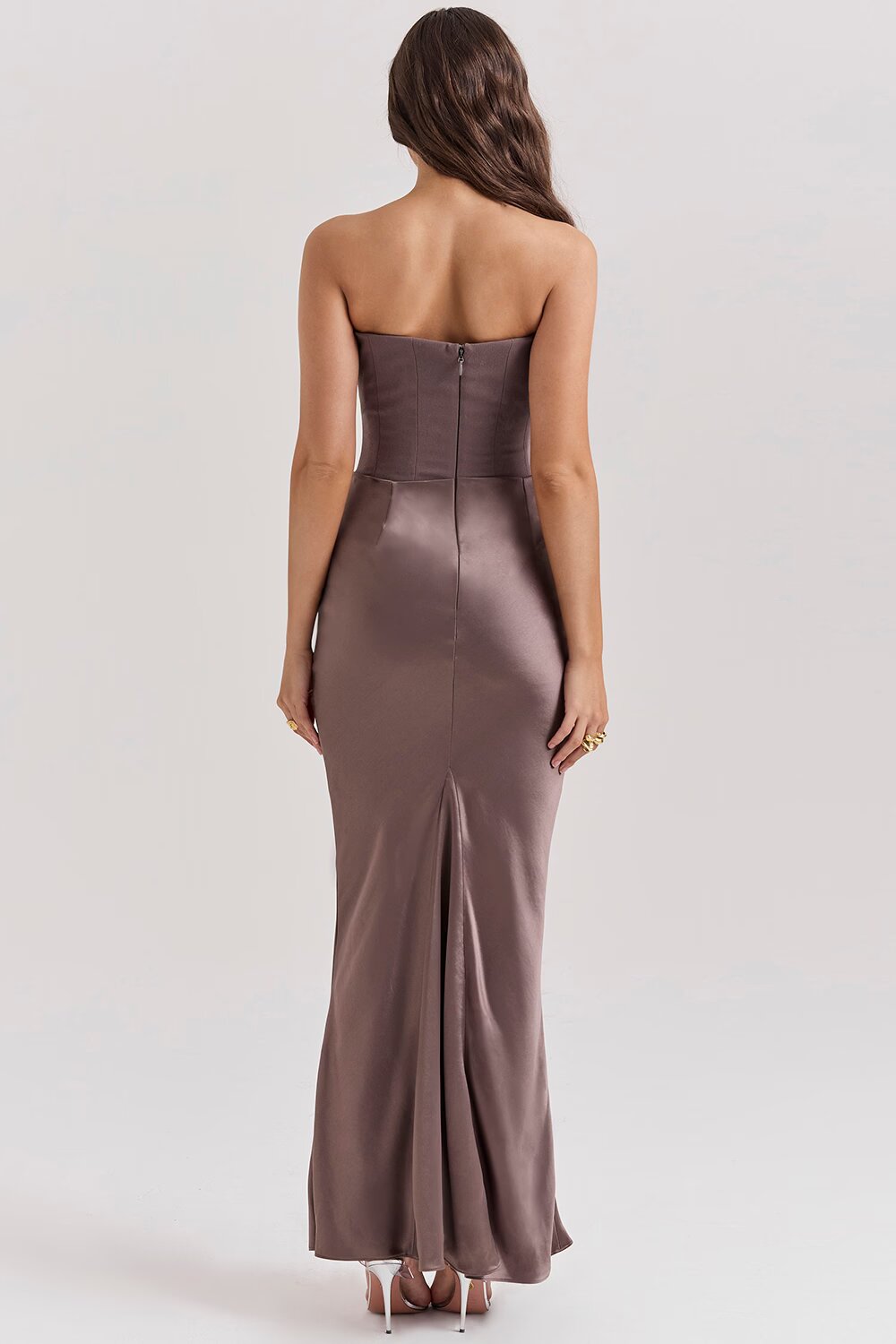 Women's Brown Strapless Ruched Fitted Maxi Evening Dress Wedding Guest