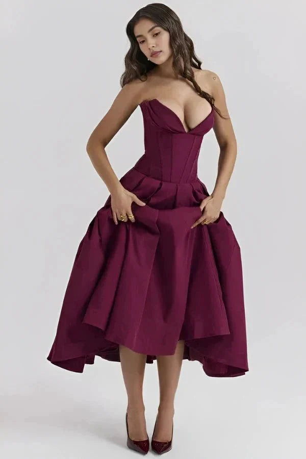 Women's Deep V-Neck Corset Bodice Full A-Line Midi Dress Cocktail Party Formal