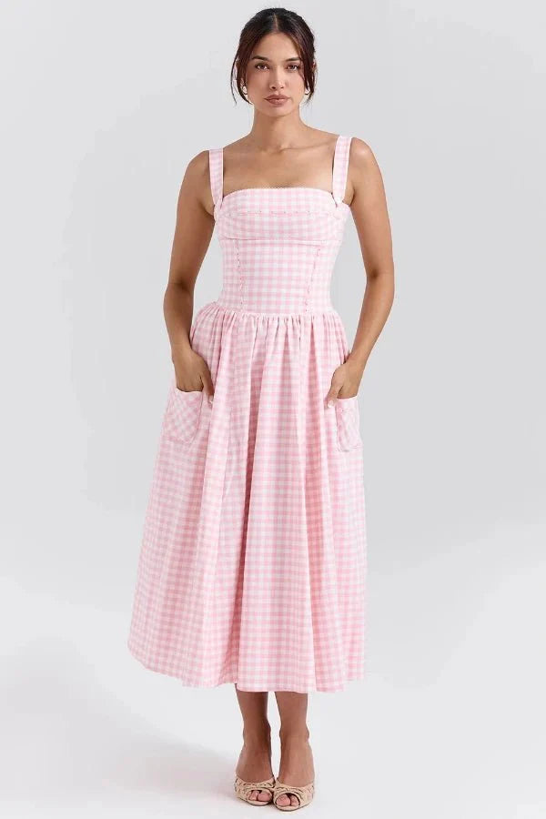 Women's Gingham Sweetheart Neck Smocked Bodice Flared Midi Dress with Pockets