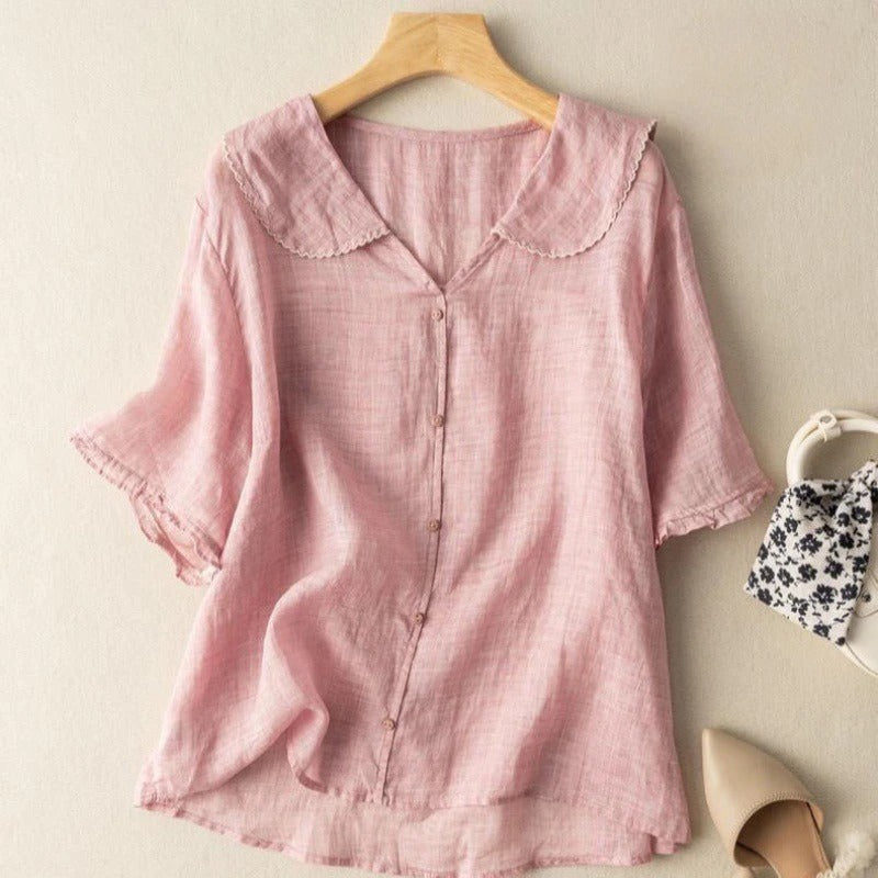 womens vintage blouse with scalloped collar | button-front casual top - detail view