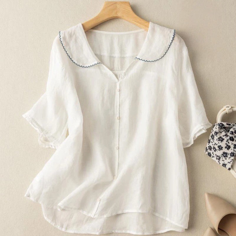 womens vintage blouse with scalloped collar | button-front casual top - full view