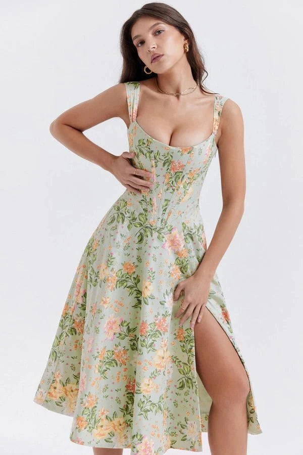 Women's Off Shoulder Sweetheart A-Line Midi Dress with Slit Wedding Guest