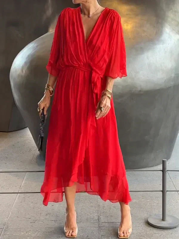 Women's Deep V-Neck Batwing Sleeve Belted Flowy Chiffon Midi Dress