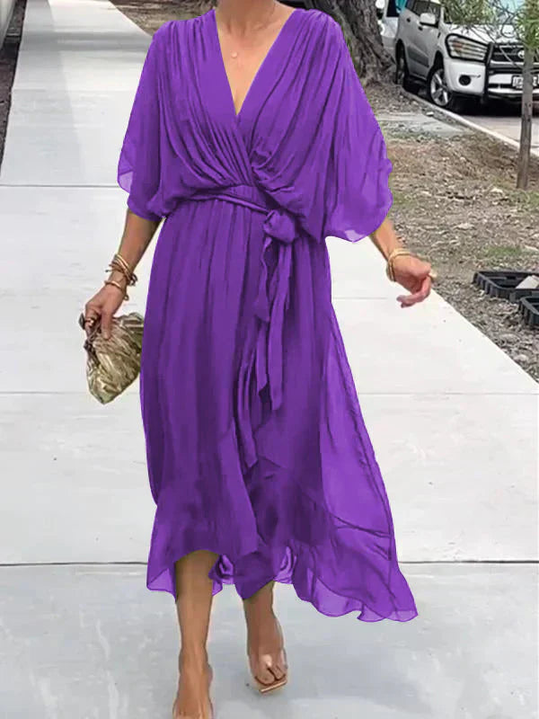 Women's Deep V-Neck Batwing Sleeve Belted Flowy Chiffon Midi Dress