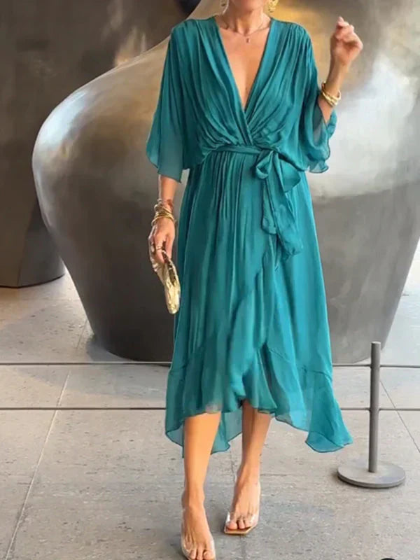 Women's Deep V-Neck Batwing Sleeve Belted Flowy Chiffon Midi Dress