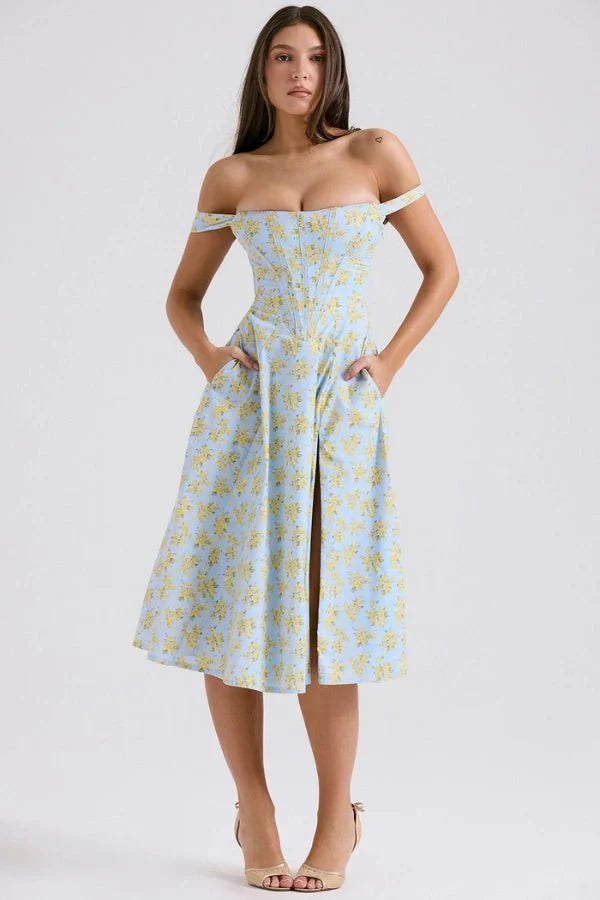 Women's Off Shoulder Sweetheart A-Line Midi Dress with Slit Wedding Guest