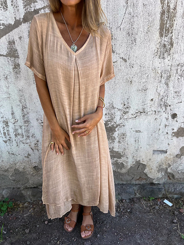 Women's beige loose V-neck midi dress - front view