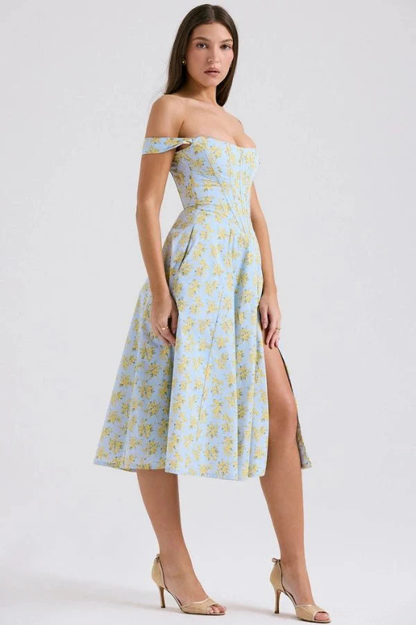 Women's Off Shoulder Sweetheart A-Line Midi Dress with Slit Wedding Guest