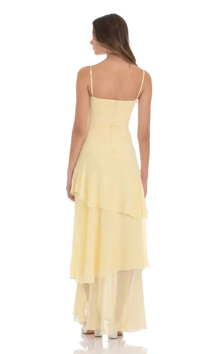 Women's Yellow Spaghetti Strap Sweetheart Neck Layered Chiffon Maxi Dress Boho Wedding Guest