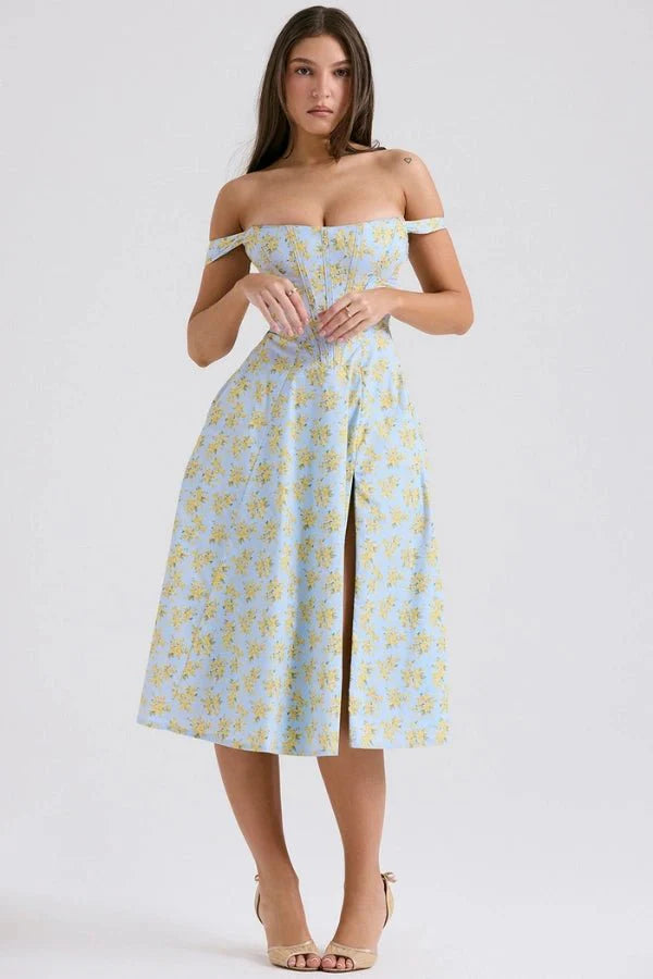 Women's Off Shoulder Sweetheart A-Line Midi Dress with Slit Wedding Guest