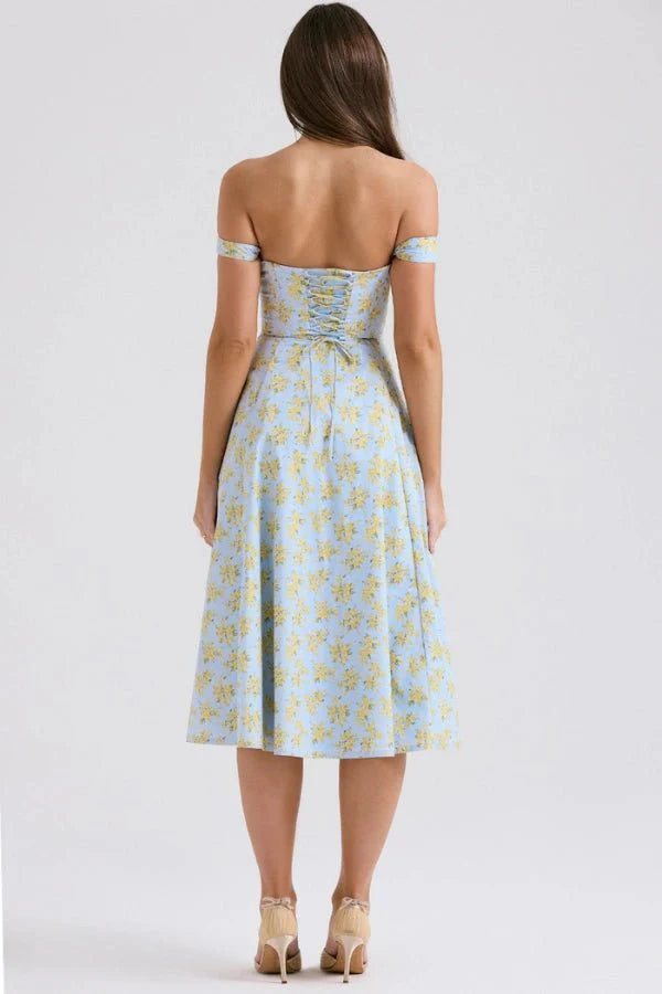 Women's Off Shoulder Sweetheart A-Line Midi Dress with Slit Wedding Guest