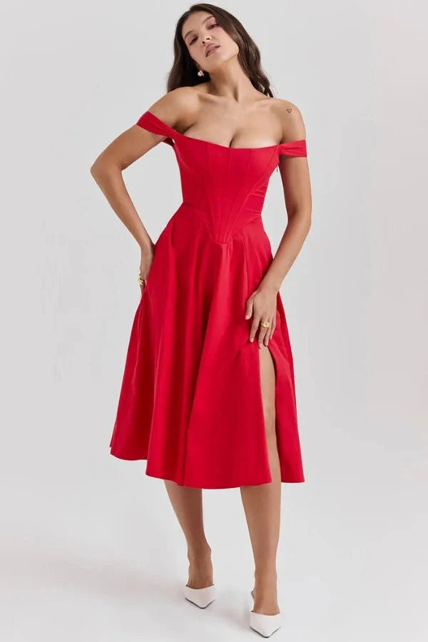 Women's Off Shoulder Sweetheart A-Line Midi Dress with Slit Wedding Guest