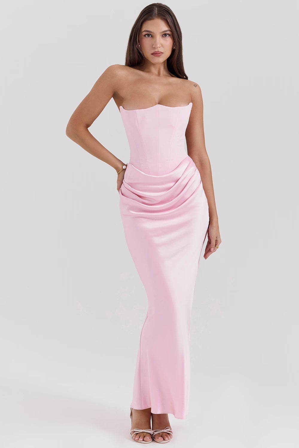 Women's Brown Strapless Ruched Fitted Maxi Evening Dress Wedding Guest