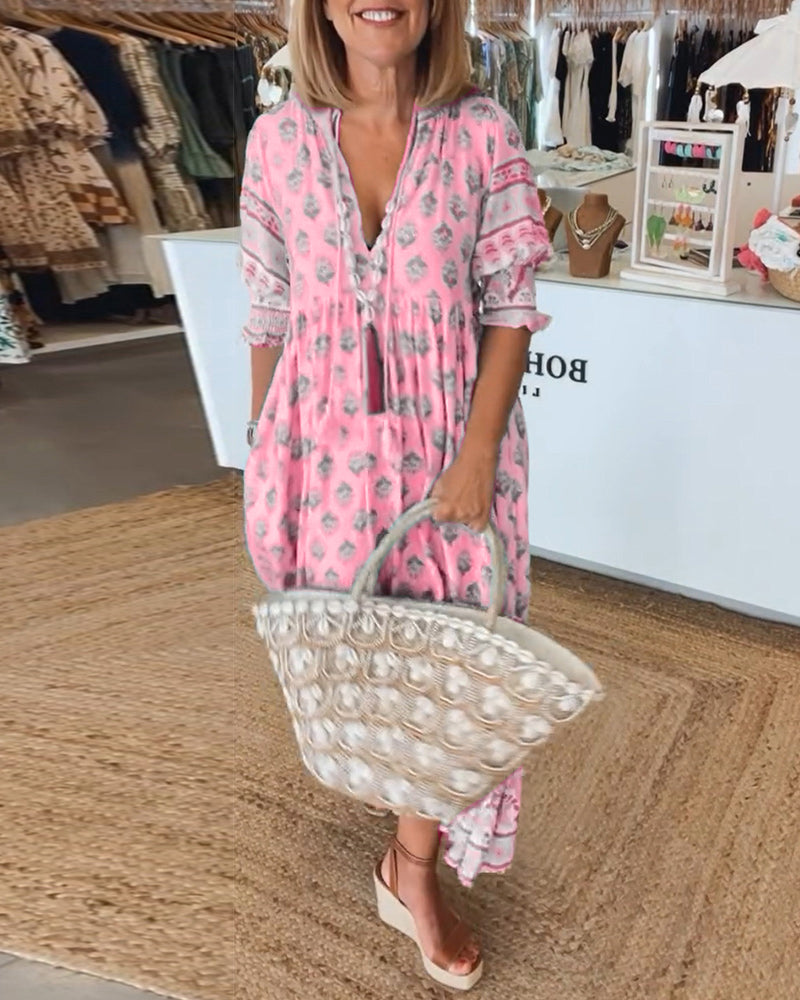 Women's Printed V-Neck Flutter Sleeve Tassel Waist Flowy Maxi Dress Boho Resort