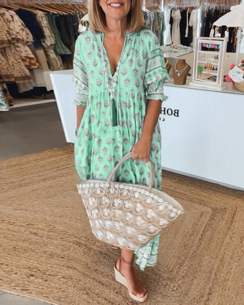Women's Printed V-Neck Flutter Sleeve Tassel Waist Flowy Maxi Dress Boho Resort