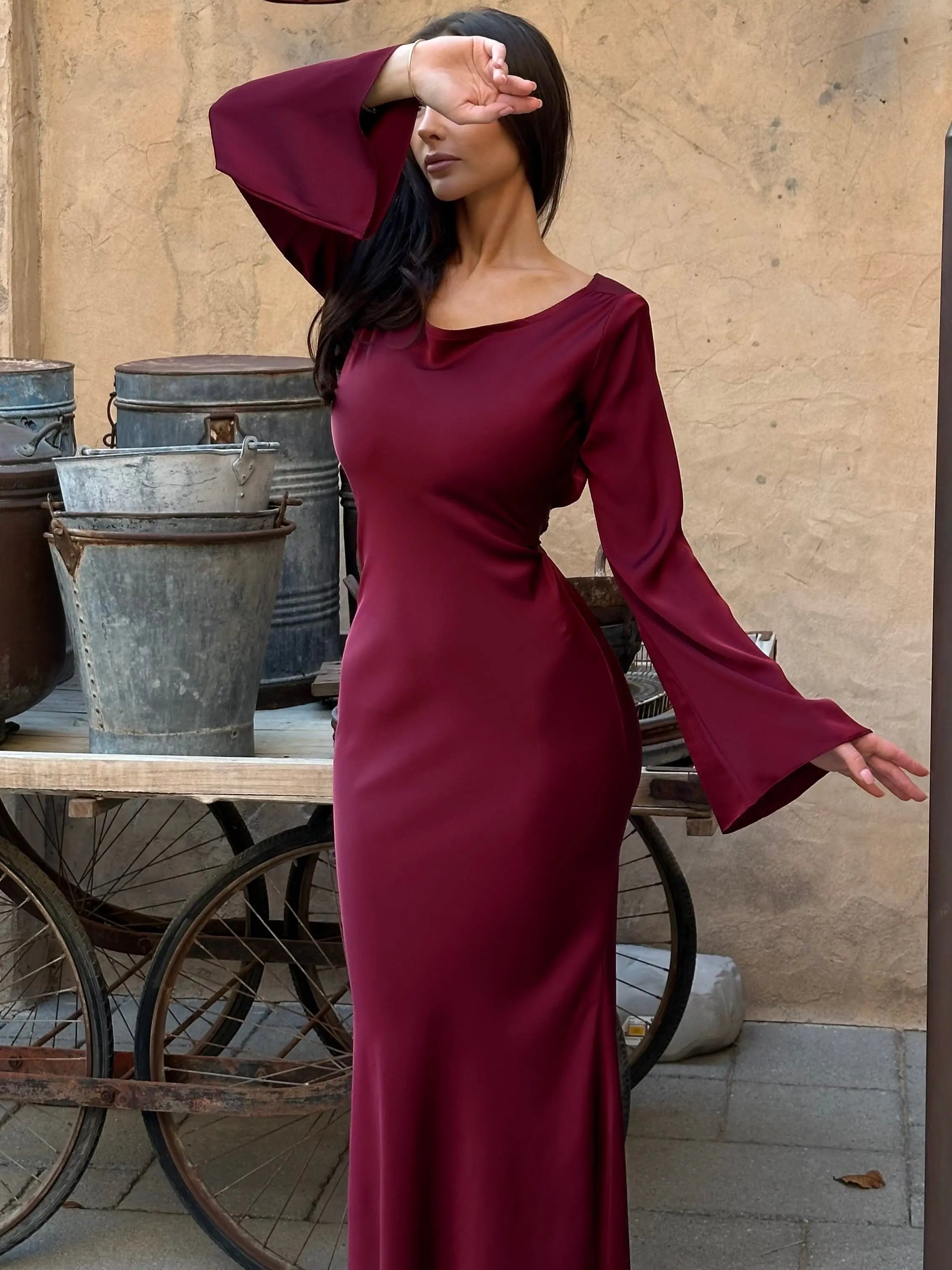 Women's Ivory Long Sleeve Maxi Dress | Casual Elegant Floor Length Everyday Dress