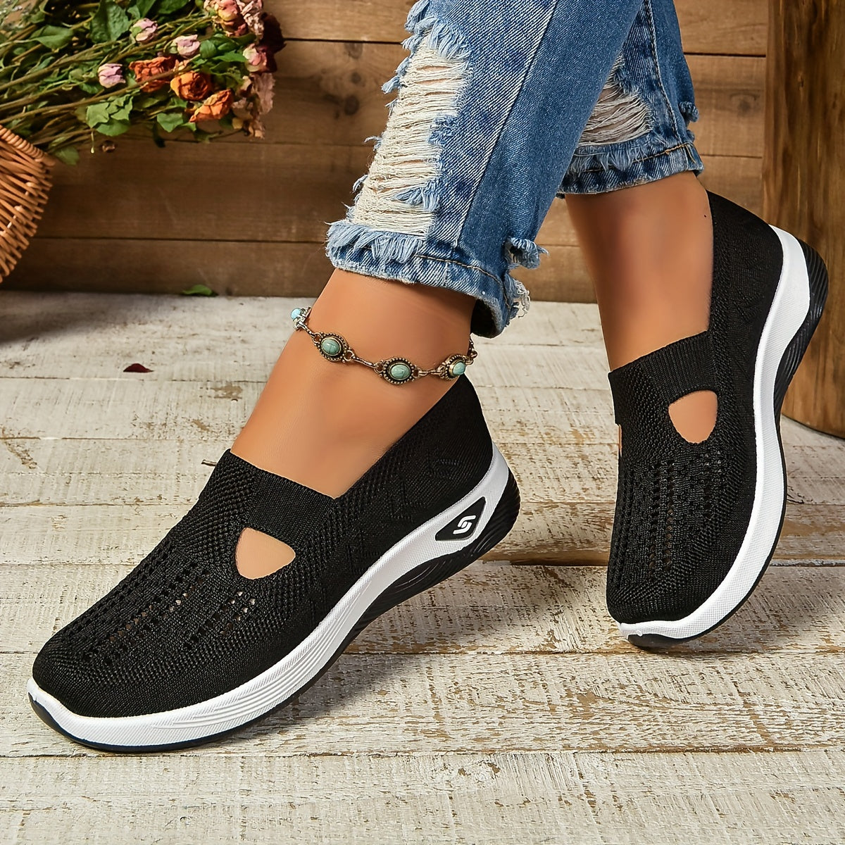 Women's Knit Mesh Slip-On Cutout Cushioned Sole Casual Sneakers
