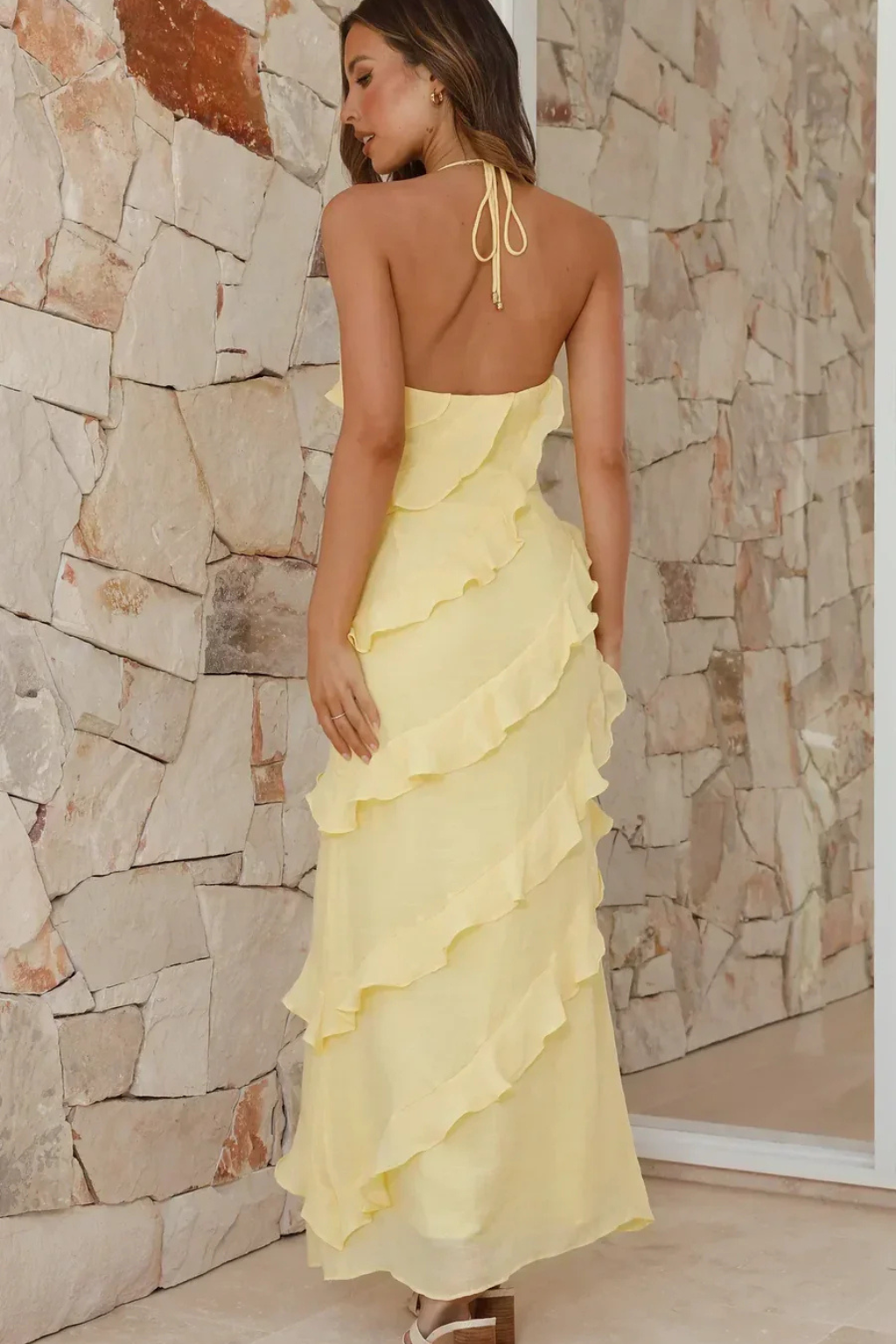 Women's Spaghetti Strap V-Neck Tiered Ruffle Open Back Maxi Dress Summer Boho