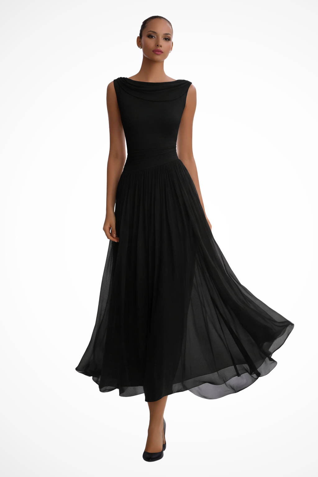 Women's Sleeveless Boat Neck Open Back Pleated Flowy Midi Dress