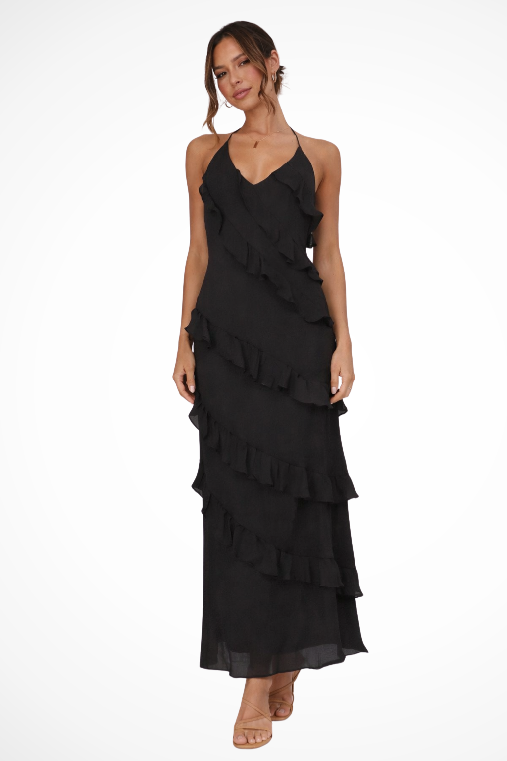 Women's Spaghetti Strap V-Neck Tiered Ruffle Open Back Maxi Dress Summer Boho
