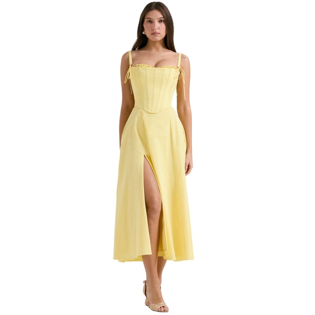 Women's Deep V-Neck Corset Bodice Full A-Line Midi Dress Cocktail Party Formal