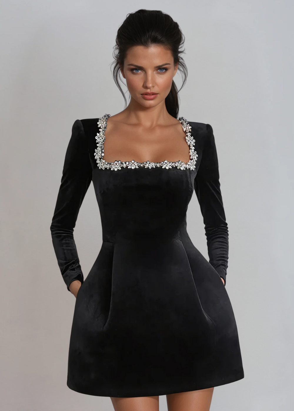 Women's black velvet mini dress - front view