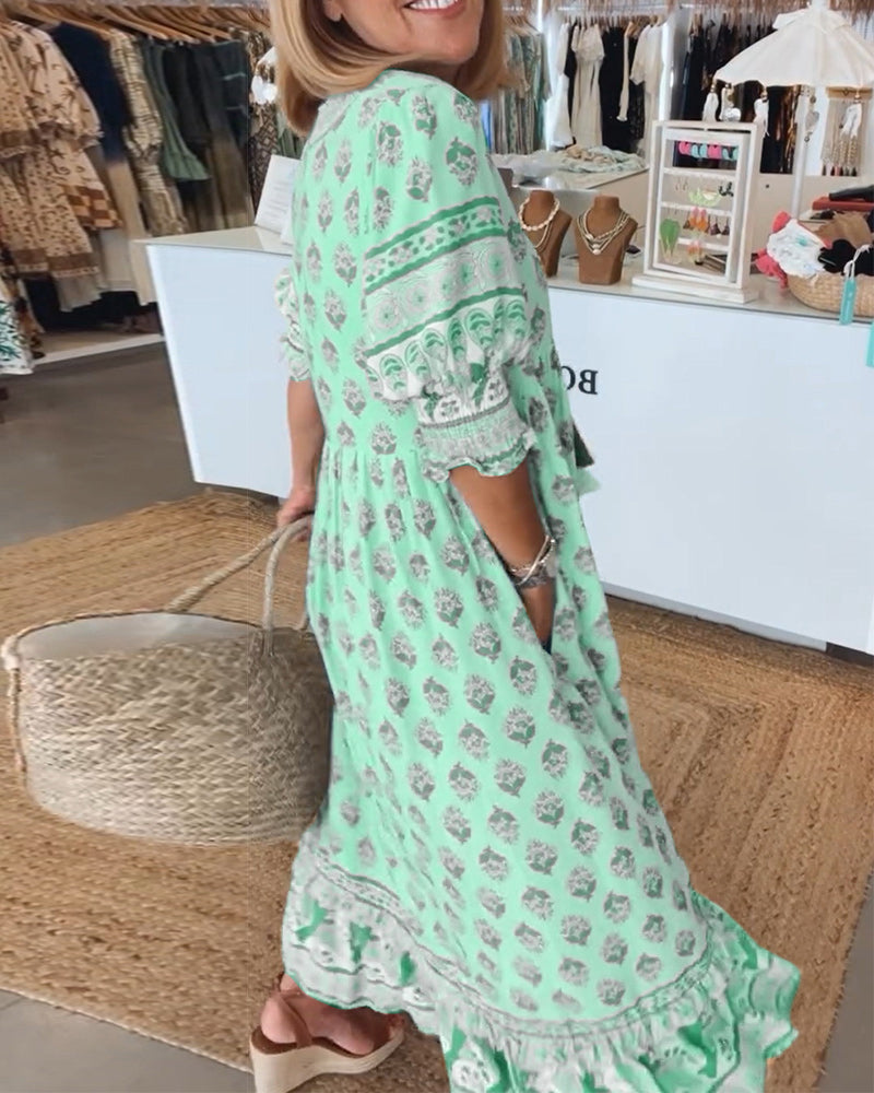 Women's Printed V-Neck Flutter Sleeve Tassel Waist Flowy Maxi Dress Boho Resort