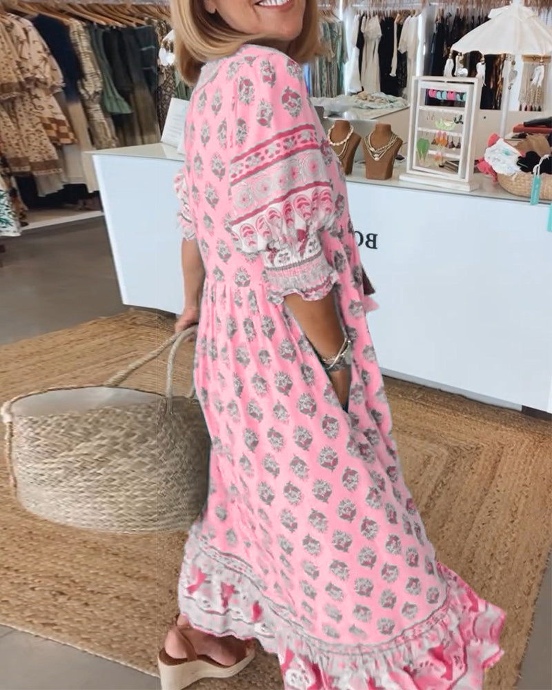 Women's Printed V-Neck Flutter Sleeve Tassel Waist Flowy Maxi Dress Boho Resort