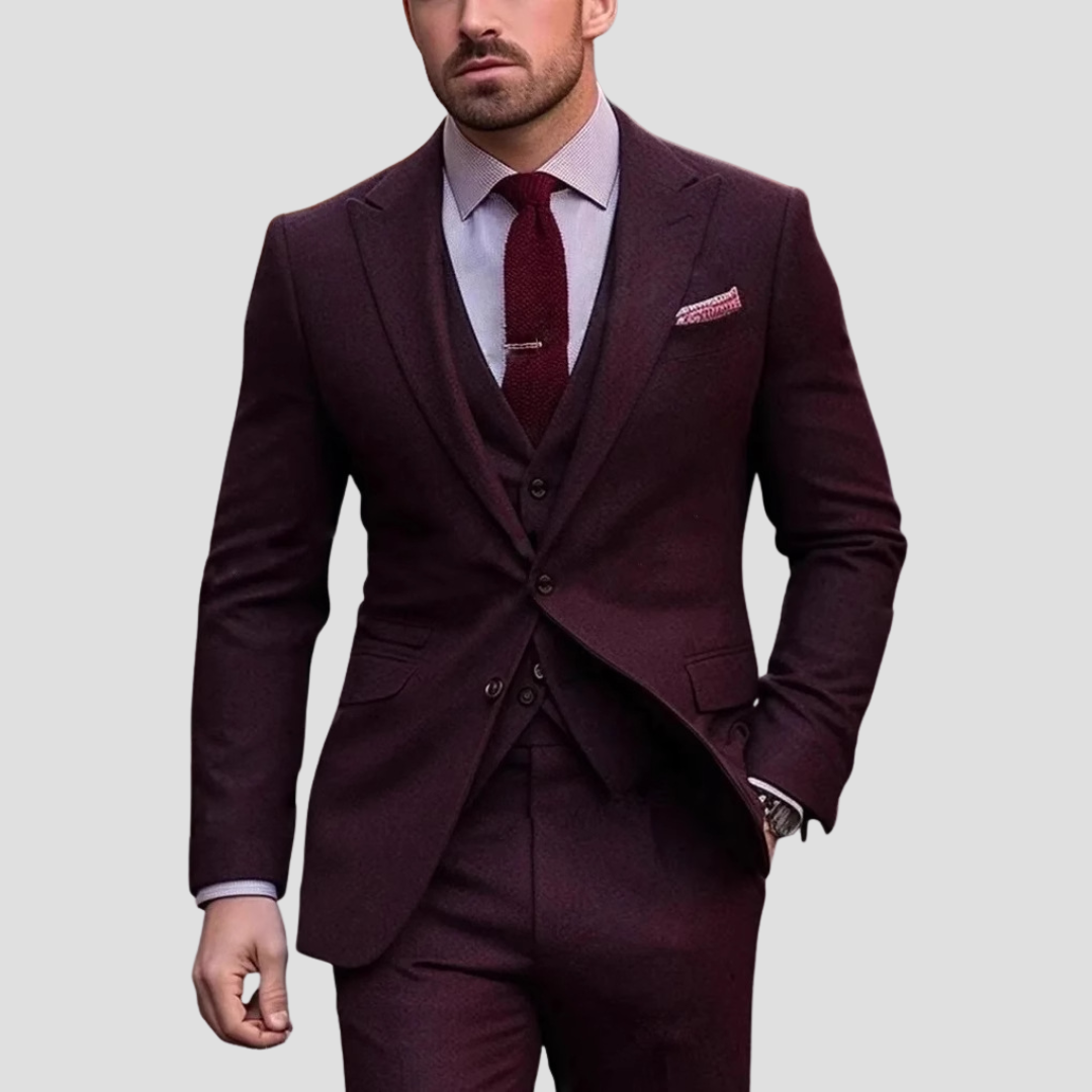Men's three-piece slim fit suit detail view