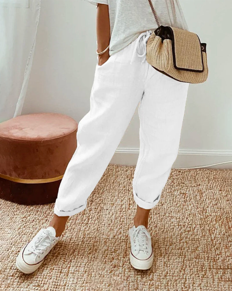 womens casual elastic waistband trousers | comfortable everyday pants - detail view