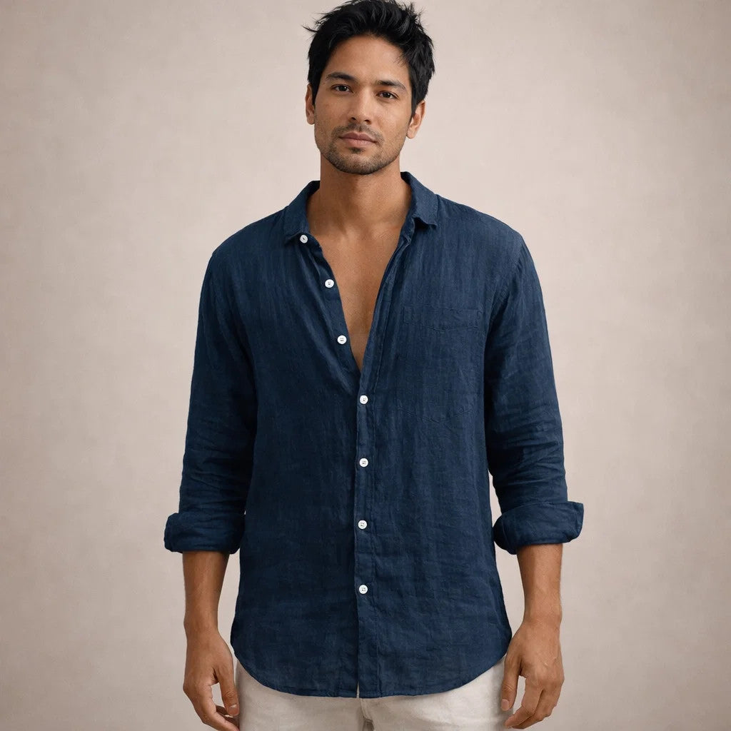 Men's Regular Fit Long Sleeve Linen Shirt | Open Collar Breathable Top