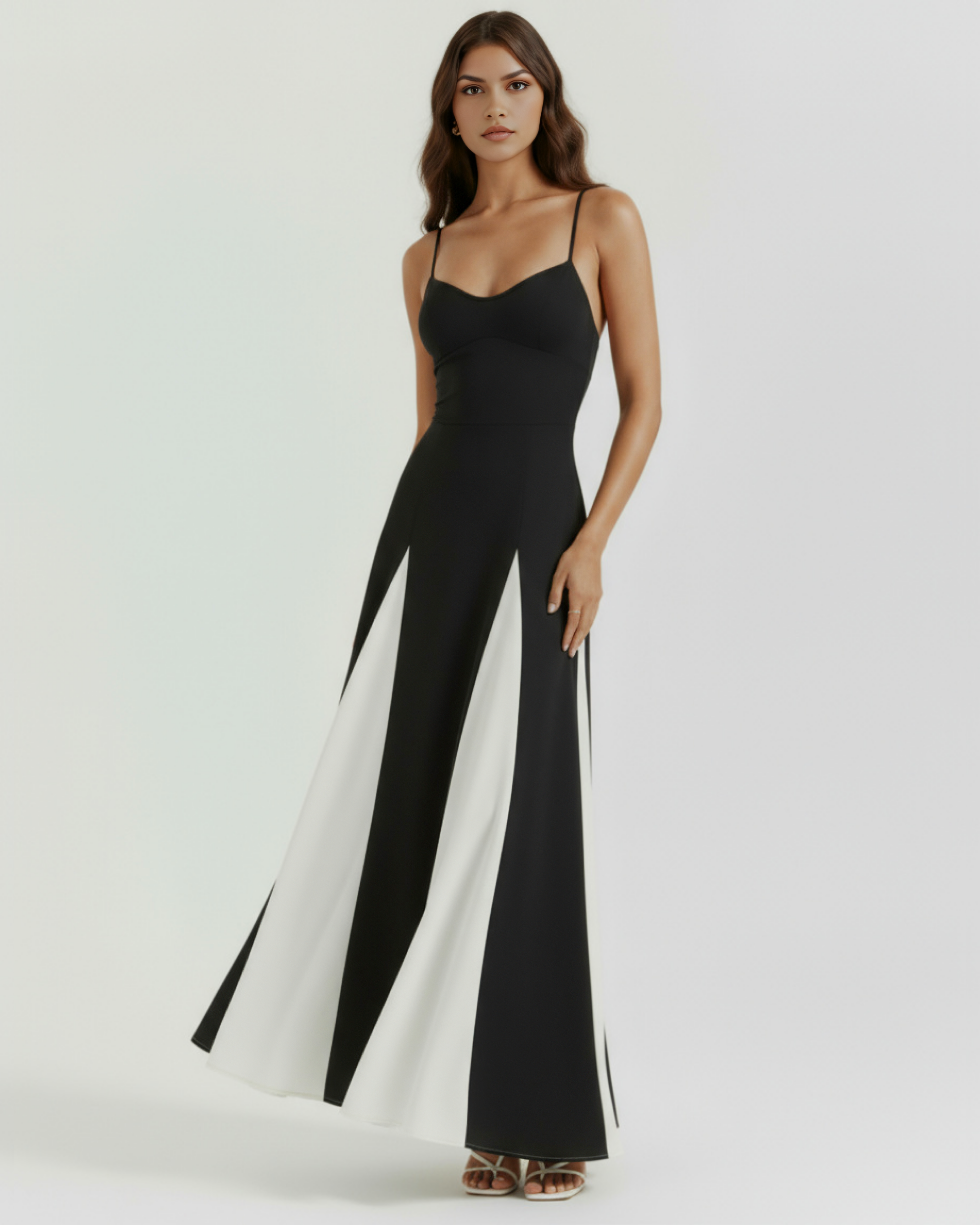 Women's Black Color Block Spaghetti Strap Wide Leg Jumpsuit Formal Evening